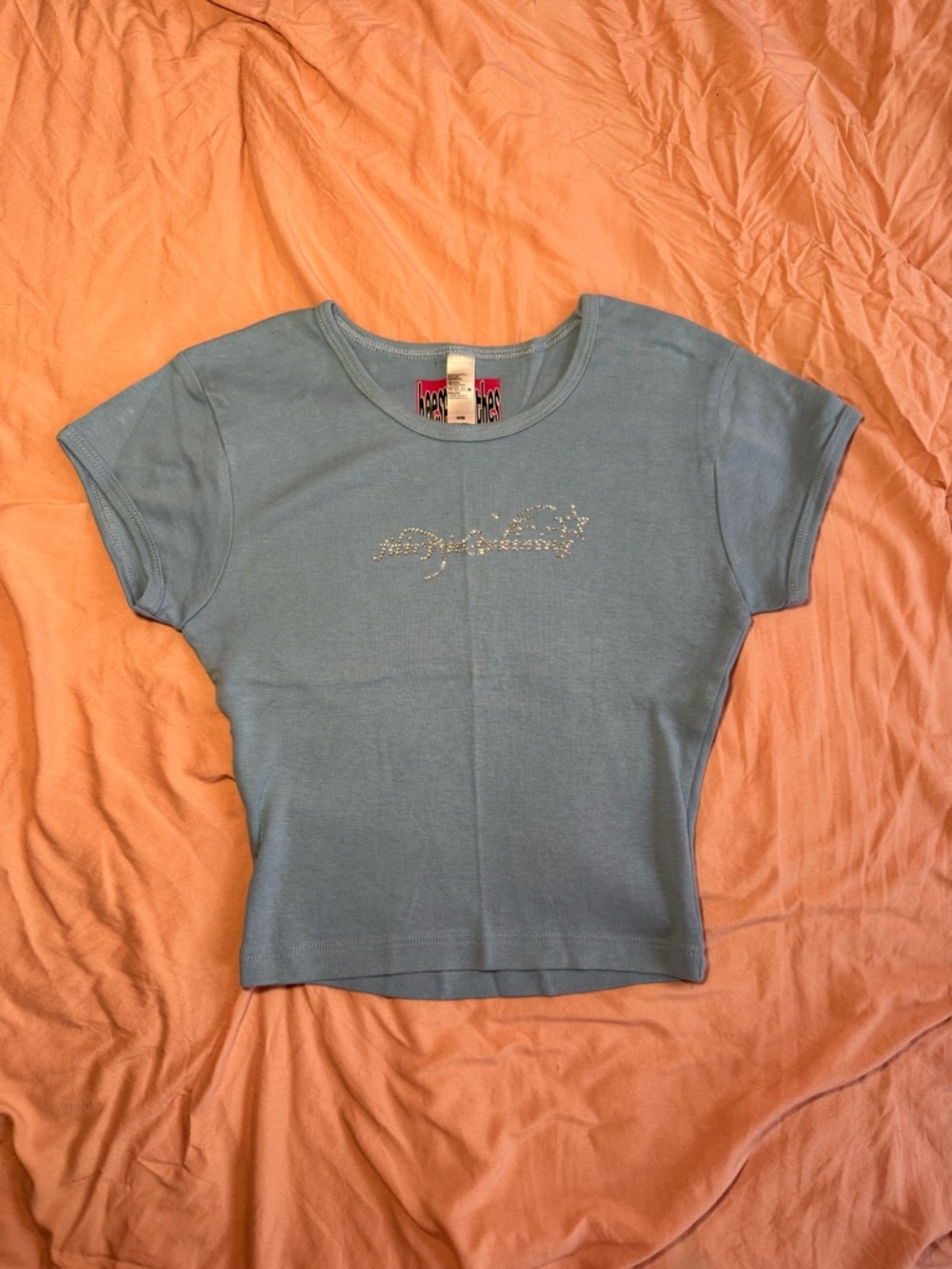 Hoes4clothes Light Blue Rhinestone Logo Short Sleeve Women's Top